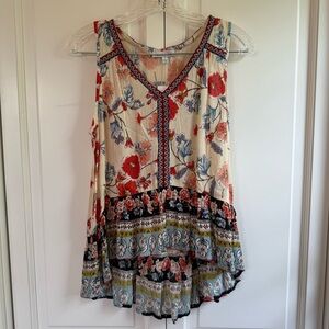 Patrons of Peace Cream and Red Asymmetrical Sleeveless Blouse